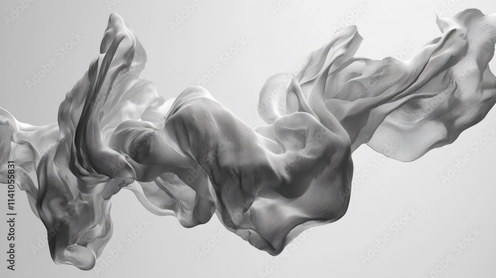 Poster abstract flowing fabric-like structure in shades of gray, evoking movement and fluidity.