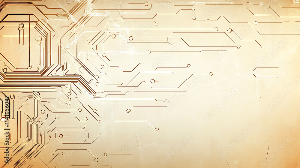 Poster aged paper with sketched circuit board banner background microchip drawing