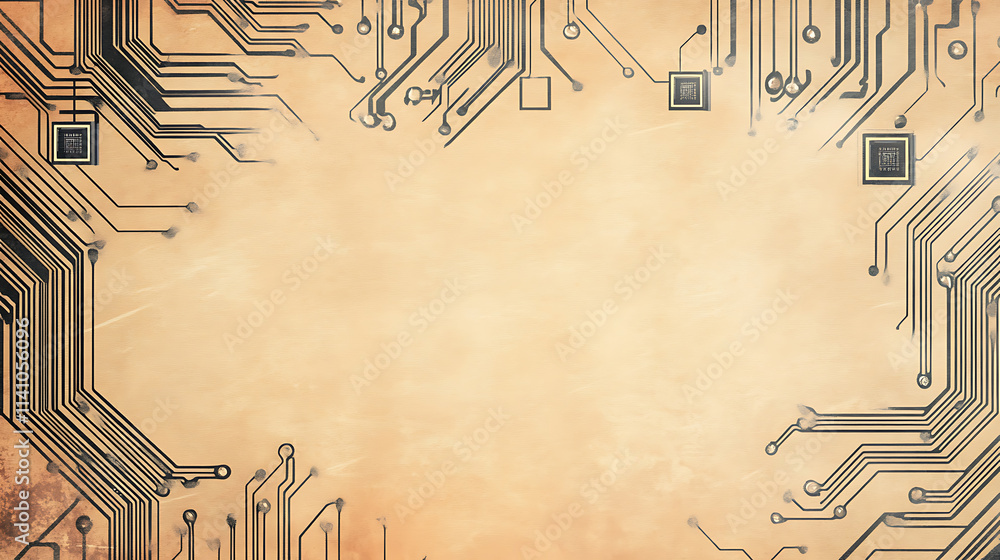 Poster aged paper with sketched circuit board banner background microchip drawing