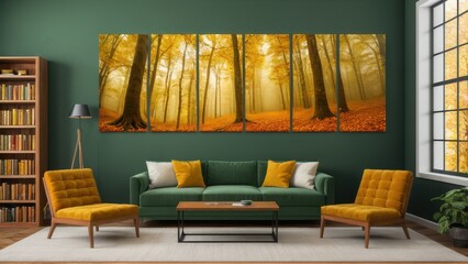 Stunning modular wall art mockup of an autumn landscape with split-panel canvas design.