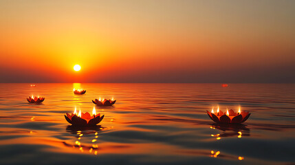 Bright sunset with diyas floating on the serene water surface