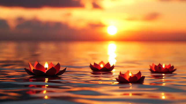 Bright sunset with diyas floating on the serene water surface