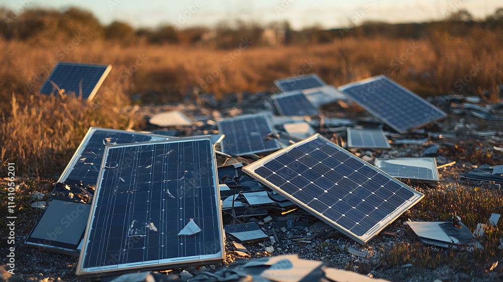 Aufkleber broken solar panels lying on the ground in a field, highlighting the issue of electronic waste and t