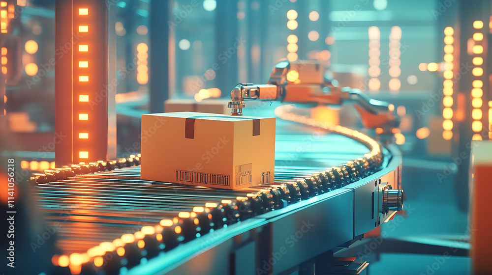 Aufkleber ai robots working with cardboard boxes on conveyor belt rollers or production line, automated indust