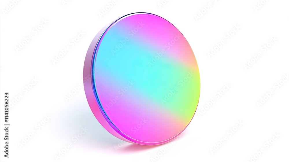 Poster a colorful, iridescent circular object with a smooth surface reflecting light.