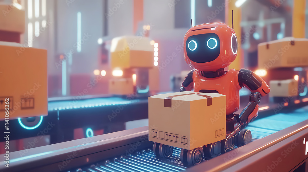 Aufkleber Ai robots working with cardboard boxes on conveyor belt rollers or production line, automated industrial factory manufacture