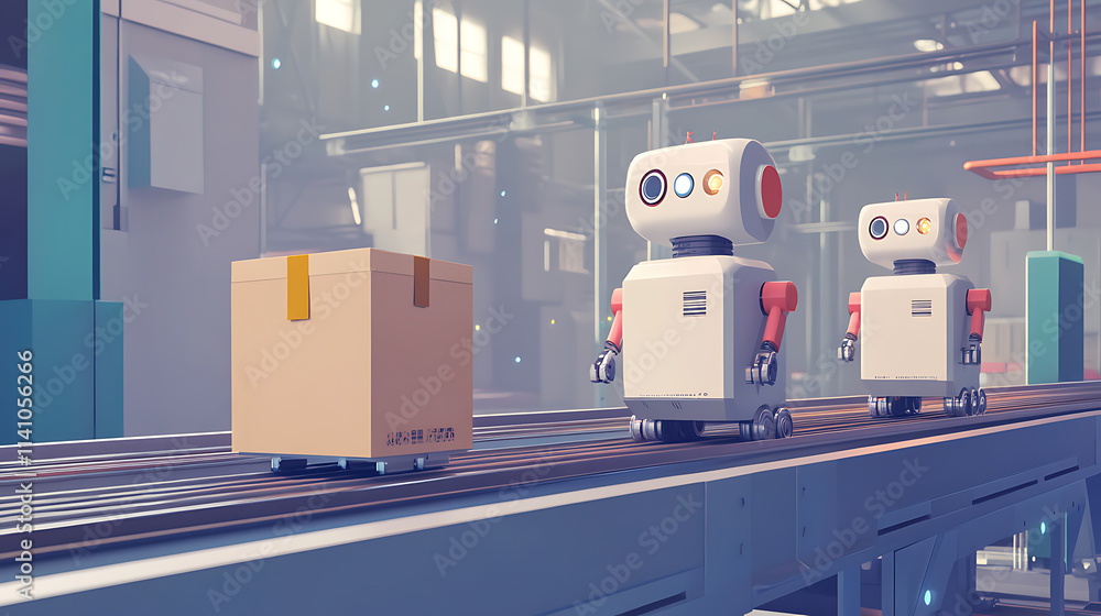 Aufkleber Ai robots working with cardboard boxes on conveyor belt rollers or production line, automated industrial factory manufacture