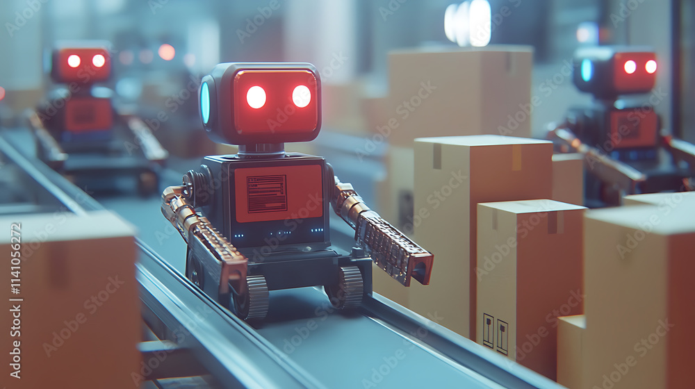 Aufkleber Ai robots working with cardboard boxes on conveyor belt rollers or production line, automated industrial factory manufacture