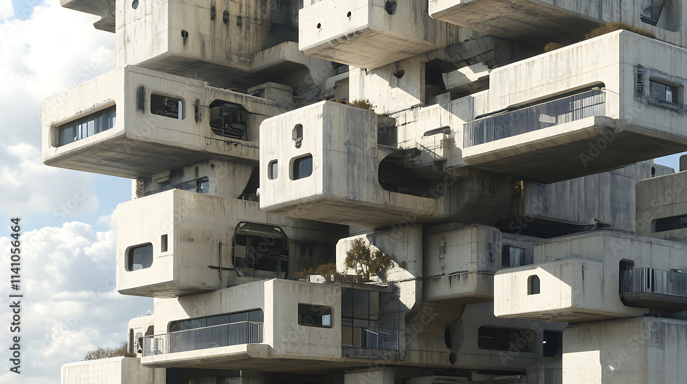 Poster Building with multiple floors under the open sky, numerous windows on balconies, building a tall, monolithic structure