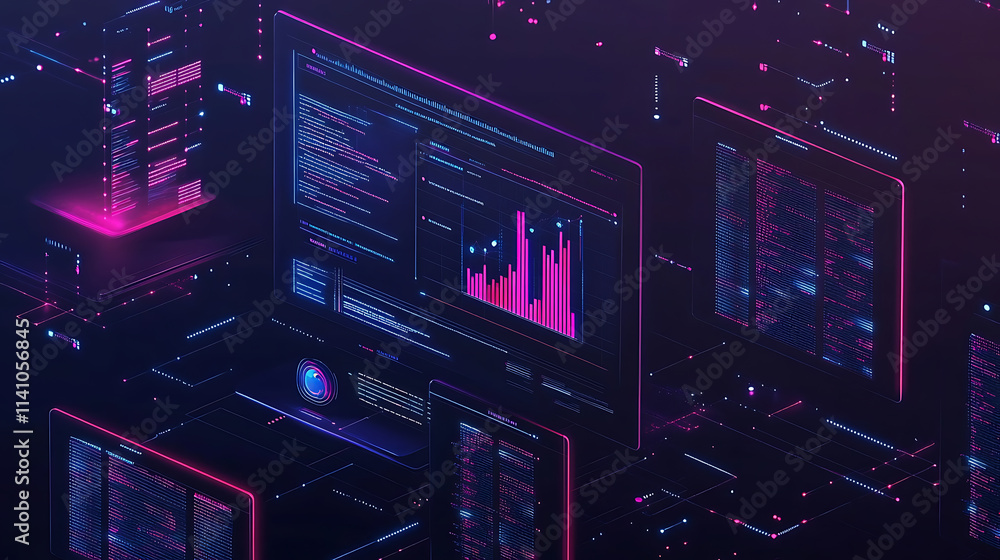 Leinwandbilder An automated data management system that connects kpis and indicators to the database for reporting, a computerized business analysis system that uses intelligent ai robots to analyze data