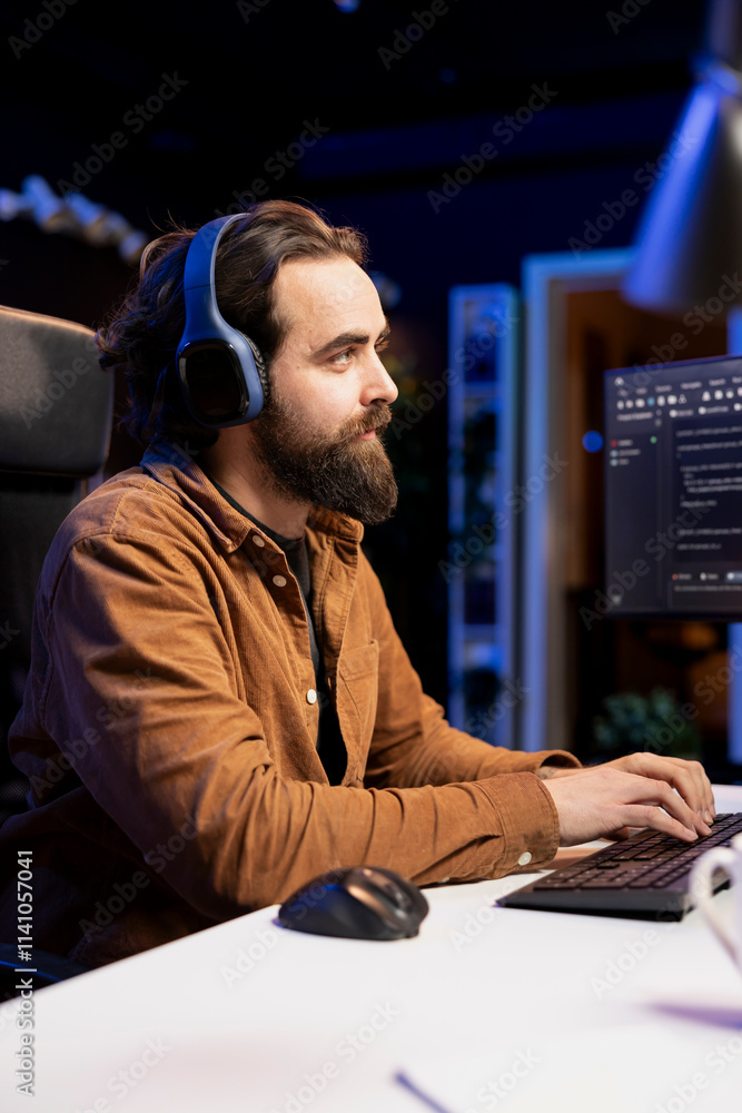 Poster programmer listening music and writing lines of code filtering malicious traffic from cybercriminals