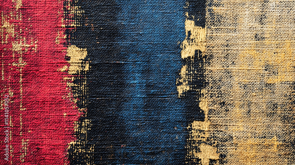 Aufkleber canvas texture with old paint mark, macro shot of a linen fabric surface with layers of chipped pain