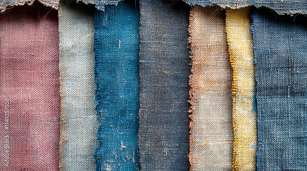 Aufkleber Canvas texture with old paint mark, macro shot of a linen fabric surface with layers of chipped paint in various colors