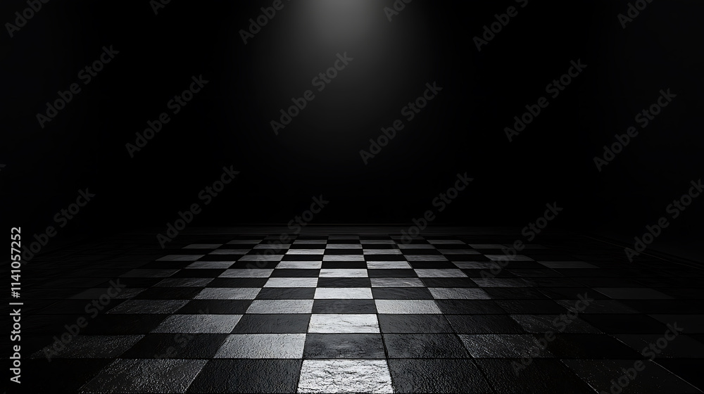 Poster an empty dark room with a spot of light on a textured floor, conceptual for design space