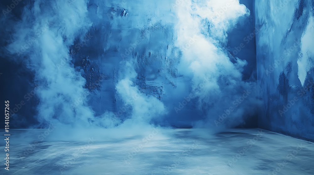 Poster an empty dark blue abstract cement wall and studio room with smoke floating up the interior texture 