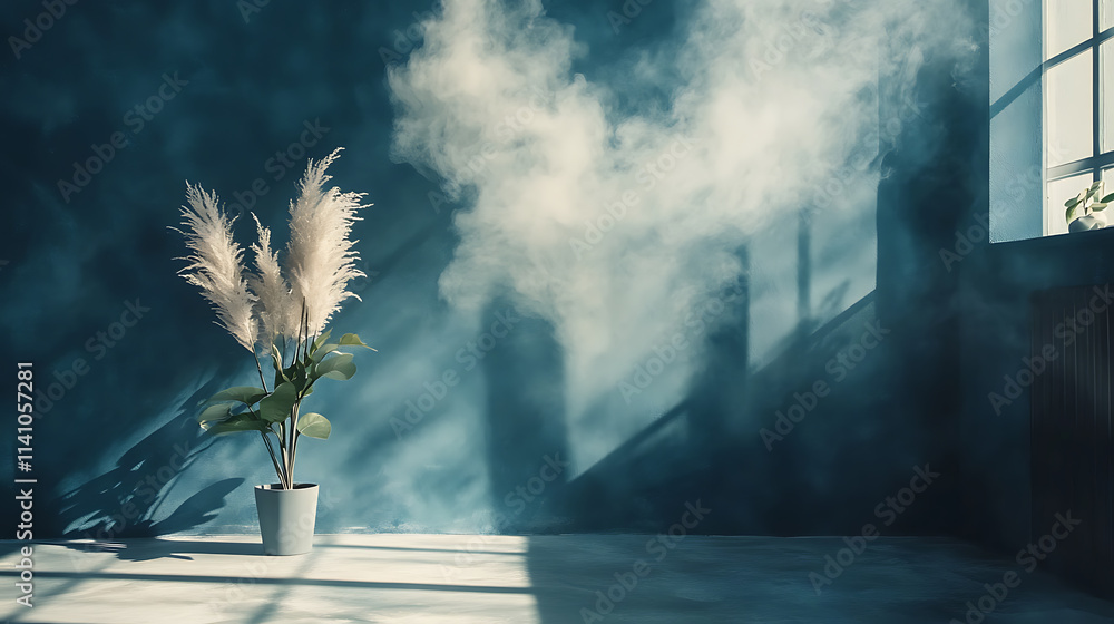 Aufkleber an empty dark blue abstract cement wall and studio room with smoke floating up the interior texture 