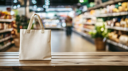 An empty canvas tote bag on a wooden table, with a blurred supermarket background, concept of eco-friendly shopping
