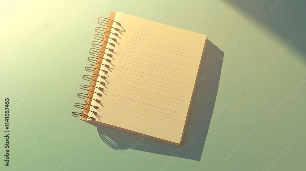 Poster an empty spiral notebook with blank beige pages on a light gradient background, ideal for design moc