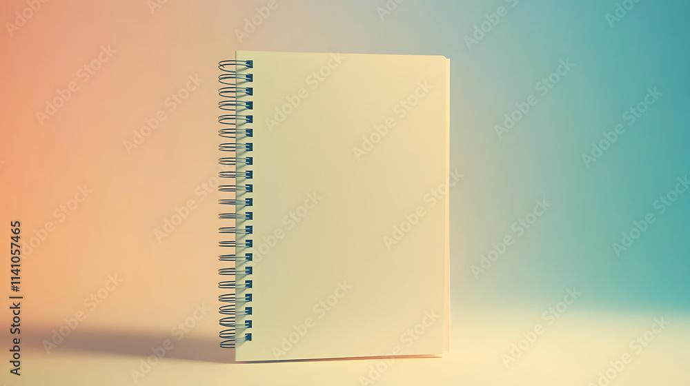 Aufkleber an empty spiral notebook with blank beige pages on a light gradient background, ideal for design moc