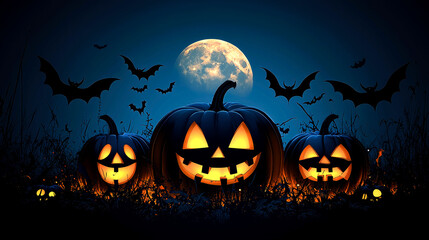 Fototapeta premium Three jack-o'-lanterns glow under a full moon, bats fly overhead.