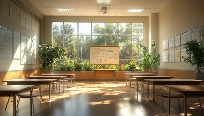 Fototapeta premium A serene classroom where glowing charts track student development, natural light enhancing the environment