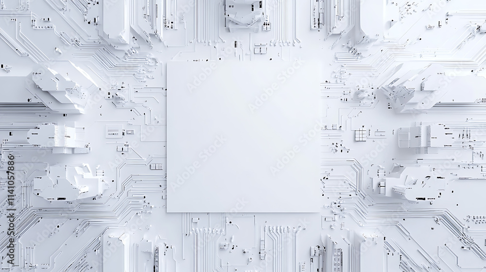Poster Circuit board pattern with white empty space in the center white background digital art style with circuit lines and chips on a clean white backdrop