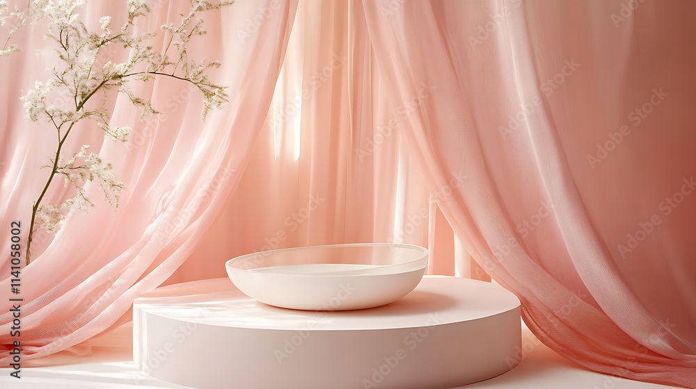 Poster circular white platform with soft pink background and flowing silk curtains for feminine product dis