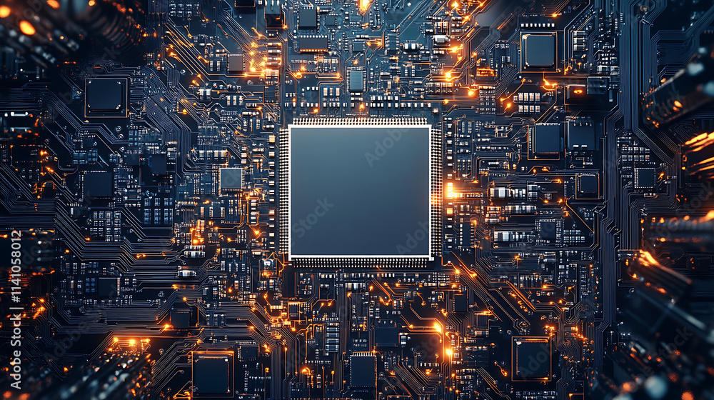 Poster Circuit board pattern with white empty space in the center white background digital art style with circuit lines and chips on a clean white backdrop