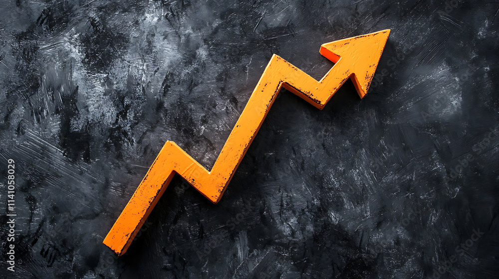 Fototapete an orange arrow pointing upwards on a black background going up in the shape of an upward graph
