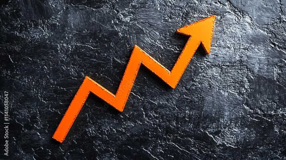 Fototapete an orange arrow pointing upwards on a black background going up in the shape of an upward graph