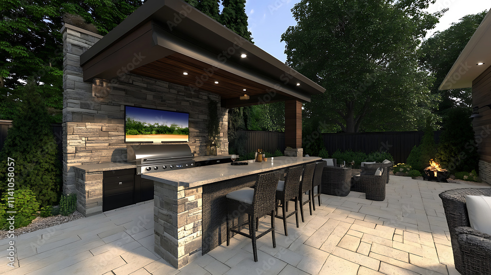 Aufkleber an outdoor entertainment area with a built-in barbecue and a bar setup