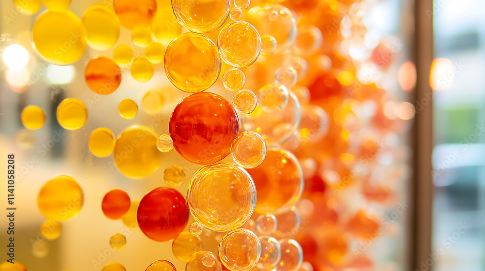 Aufkleber close-up image capturing vibrant orange and yellow effervescent bubbles for an abstract visual effec