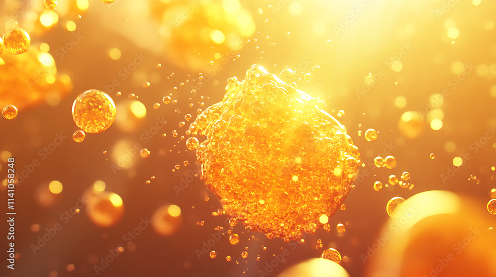 Poster close-up image capturing vibrant orange and yellow effervescent bubbles for an abstract visual effec