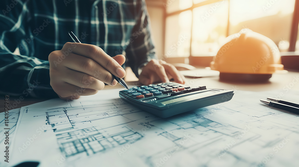 Poster Architect is calculating construction costs using a calculator, with blueprints and a hardhat nearby