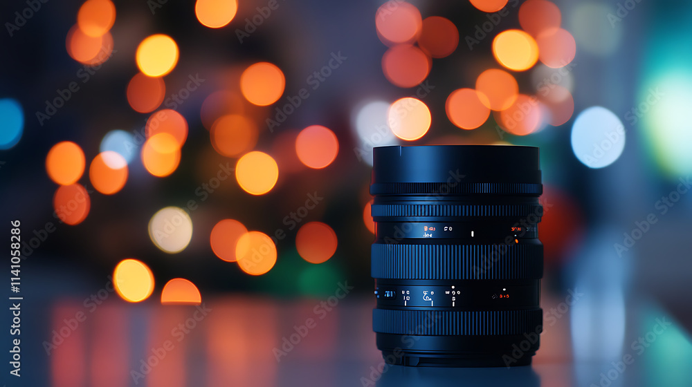 Poster close-up of a camera lens with colorful bokeh lights in the background, concept of photography equip