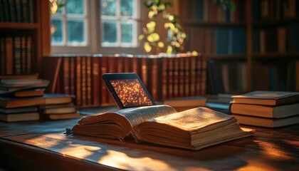 A serene library where a glowing ereader rests on a table beside traditional books, sunlight casting soft shadows
