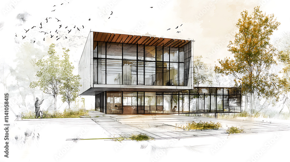 Poster Architectural project showing a modern house with big windows overlapping with technical hand drawing sketch visualizing construction details