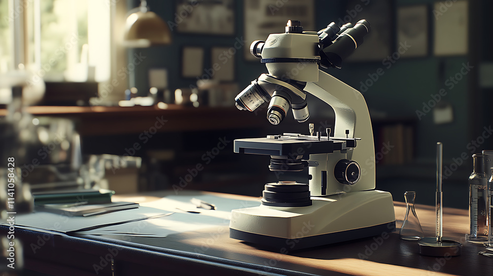 Poster close-up of a laboratory microscope