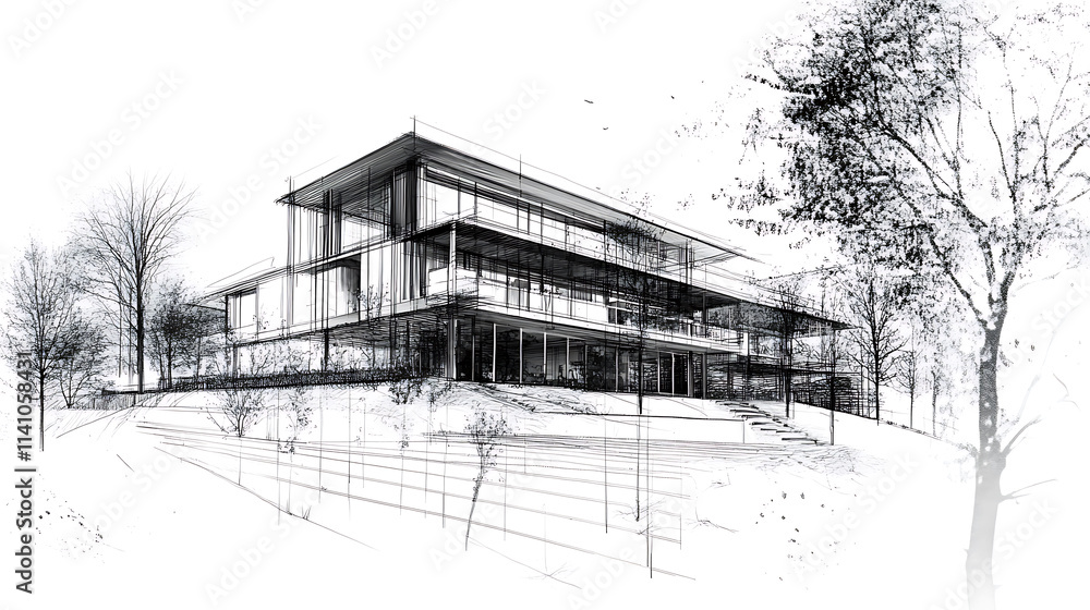Poster Architectural project showing a modern house with big windows overlapping with technical hand drawing sketch visualizing construction details