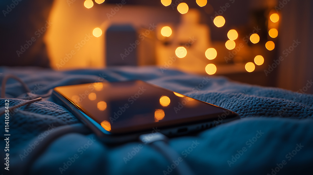 Poster close-up of a smartphone charging on a bed at night, creating a calm and cozy atmosphere