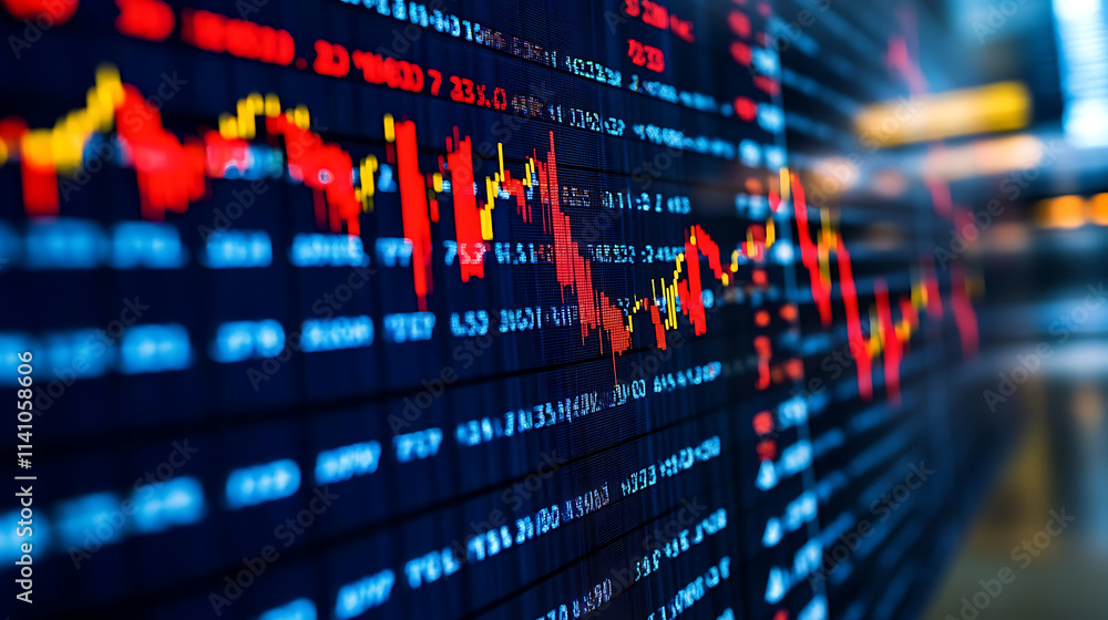 Poster Arrows pointing up and down on blue background with stock market graph