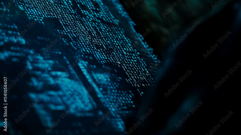 Poster Close-up of blue-tinted computer code on a screen, implying cybersecurity or programming concept, with a dark background