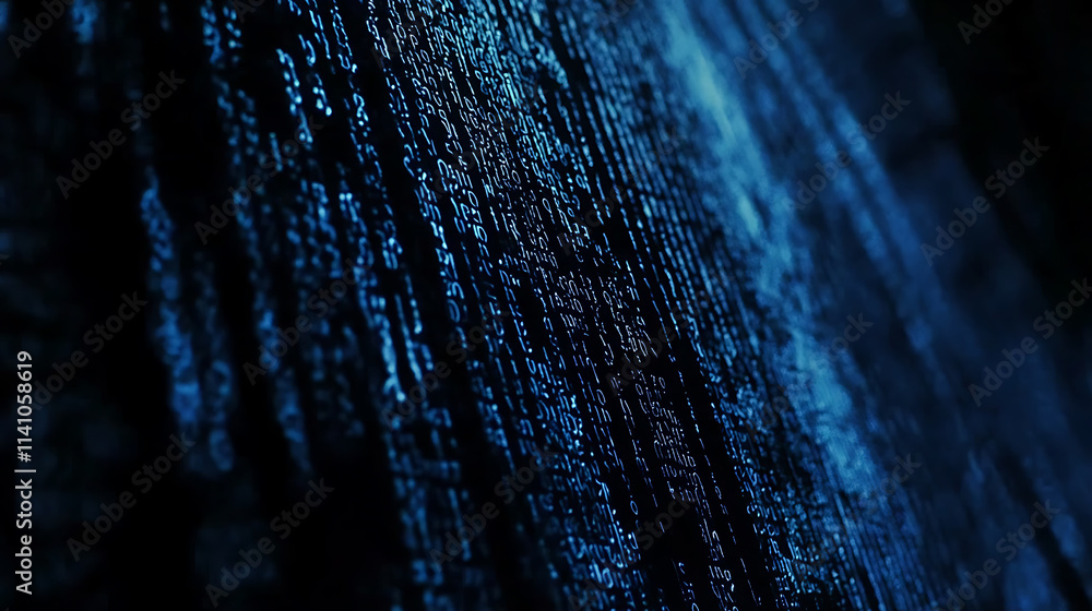 Aufkleber close-up of blue-tinted computer code on a screen, implying cybersecurity or programming concept, wi