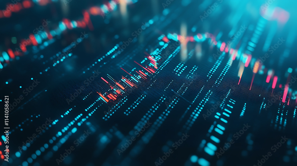 Poster arrows pointing up and down on blue background with stock market graph