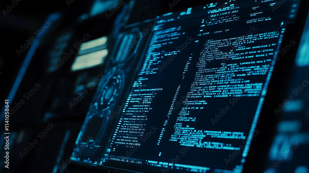 Poster Close-up of blue-tinted computer code on a screen, implying cybersecurity or programming concept, with a dark background