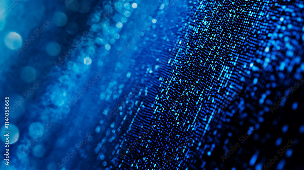 Poster Close-up of blue-tinted computer code on a screen, implying cybersecurity or programming concept, with a dark background