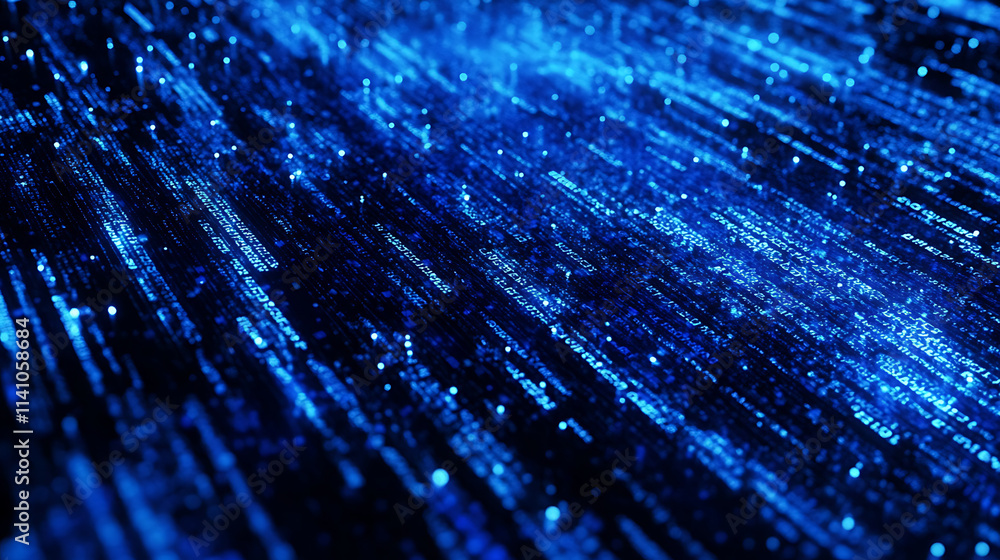 Poster Close-up of blue-tinted computer code on a screen, implying cybersecurity or programming concept, with a dark background
