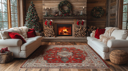 fireplace with christmas decorations, christmas tree in the interior