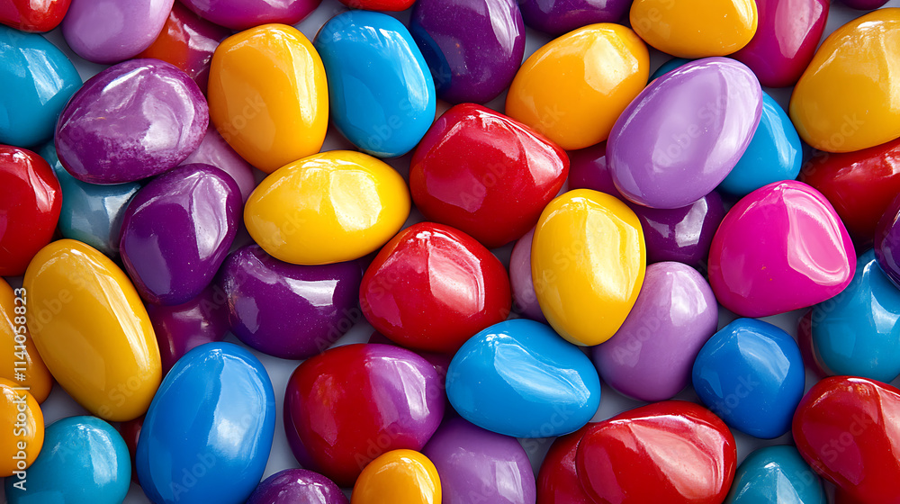 Poster close-up of multicolored smooth pebbles creating a seamless, vibrant pattern, ideal for nature-theme