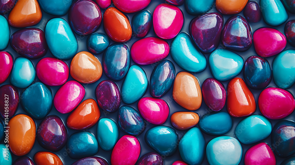 Aufkleber close-up of multicolored smooth pebbles creating a seamless, vibrant pattern, ideal for nature-theme